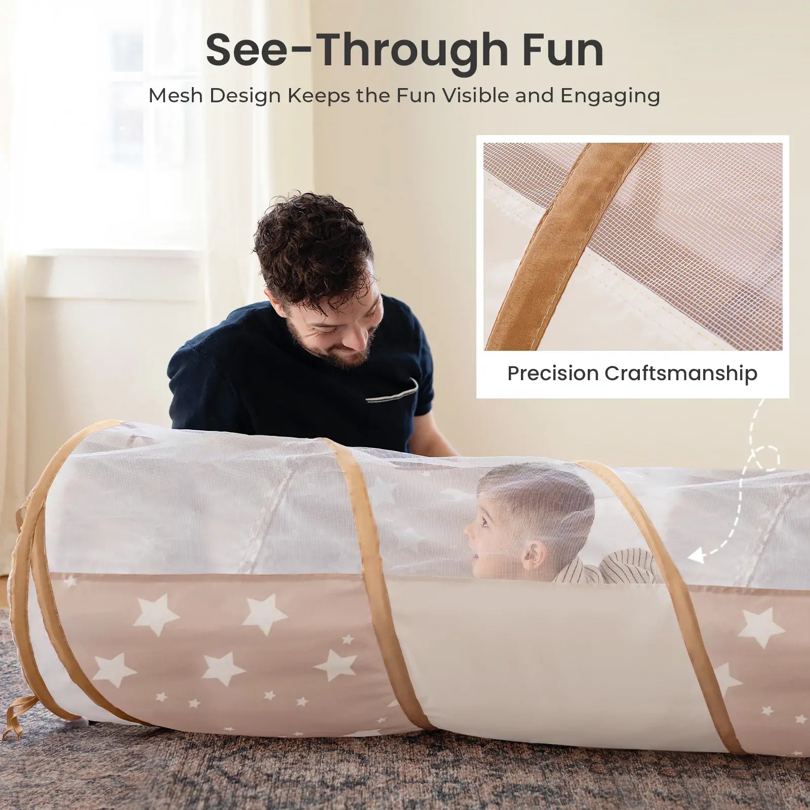 A dad and child play inside the Tiny Land® Adventure Play Tunnel, which features a star pattern. The dad leans in as the child peeks out, while an inset displays the tunnel’s durable mesh and reinforced stitching from Tiny Land.|brown