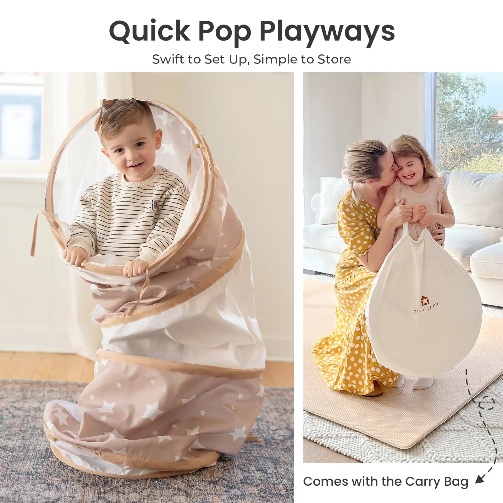 A smiling child stands inside the Tiny Land® Violet PlayNest Climbing Ball Pit Set with Tunnel, ready for adventure in their very own indoor playground. Next to them, a woman hugs a child holding the play set’s round carry bag. Text reads: Quick Pop Playways. Comes with the Carry Bag from Tiny Land.|Pink