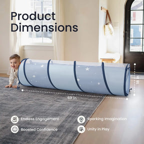 A smiling toddler crawls beside the Tiny Land® Adventure Play Tunnel - Blue by Tiny Land, decorated with stars. Measuring 69" long and 18" tall, this tunnel inspires engagement, imagination, confidence, and unity in play.|blue