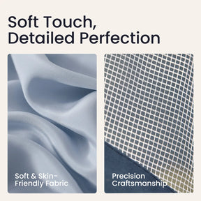 Two panels: the left shows smooth light blue fabric of the Tiny Land® Adventure Play Tunnel - Blue, labeled “Soft & Skin-Friendly Fabric”; the right shows a close-up grid, labeled “Precision Craftsmanship.” Text above: “Soft Touch, Detailed Perfection.”.|blue