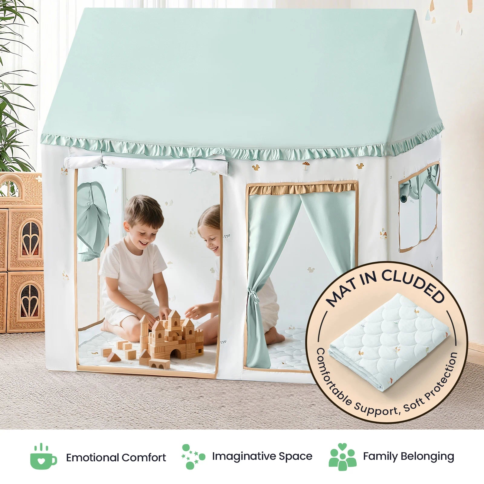 Two children play with wooden blocks inside a Tiny Land® Playhouse Tent – Indoor Tent for Kids. This Tiny Land playhouse features curtains and a window, inspiring imaginative indoor and outdoor adventures. Icons below highlight emotional comfort, imaginative space, and a sense of family belonging. A soft mat is included for added protection.|green