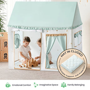 Two children play with wooden blocks inside a Tiny Land® Playhouse Tent – Indoor Tent for Kids. This Tiny Land playhouse features curtains and a window, inspiring imaginative indoor and outdoor adventures. Icons below highlight emotional comfort, imaginative space, and a sense of family belonging. A soft mat is included for added protection.|green