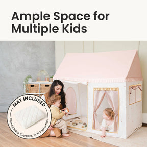 A woman plays with two children beside the Tiny Land® Sweet Citrus Kids Play Tent – White and Pink. One child is inside, one outside. Text reads Ample Space for Multiple Kids. An inset highlights a mat labeled Mat Included.|pink