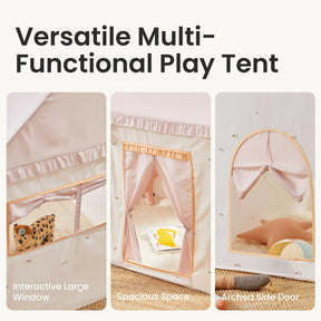 Collage of the Tiny Land® Sweet Citrus Kids Play Tent – a white and pink indoor playhouse featuring an interactive window with a toy, spacious interior with pink cushion, and arched side door with pillows and plush toys. Ideal for indoor fun.|pink