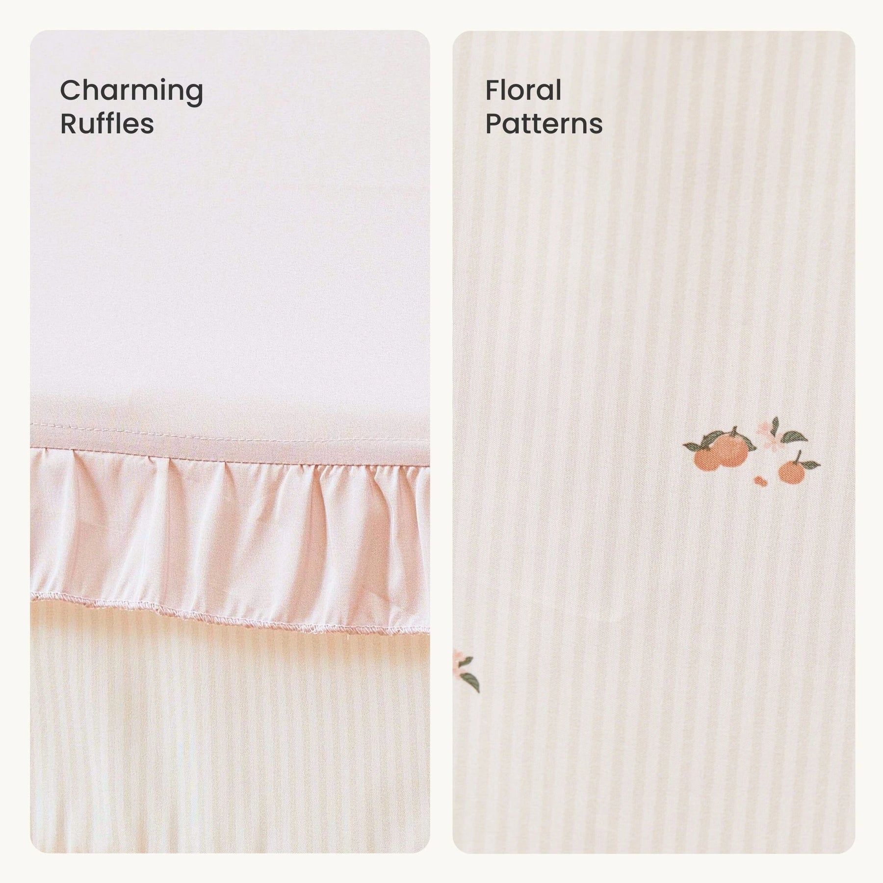 Split image: Left shows pale pink ruffled fabric labeled Tiny Land® Sweet Citrus. Right displays striped fabric with orange floral patterns—adding a citrus vibe to the Tiny Land® Sweet Citrus Kids Play Tent, ideal for indoor playhouse fun.|pink