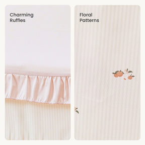 Split image: Left shows pale pink ruffled fabric labeled Tiny Land® Sweet Citrus. Right displays striped fabric with orange floral patterns—adding a citrus vibe to the Tiny Land® Sweet Citrus Kids Play Tent, ideal for indoor playhouse fun.|pink