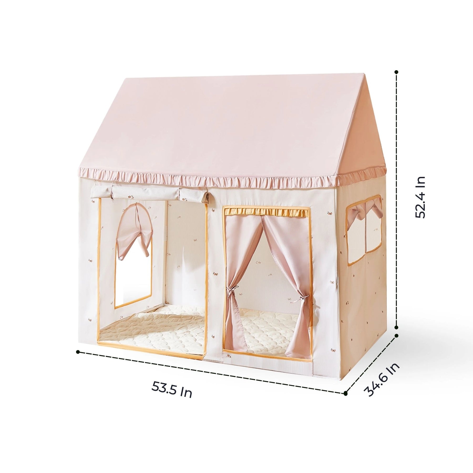 The Tiny Land® Sweet Citrus Kids Play Tent features a light pink roof, cream walls, gold trim, citrus accents, two curtained doors, and side windows. Size: 53.5W x 34.6D x 52.4H. Perfect for indoor or outdoor play.|pink