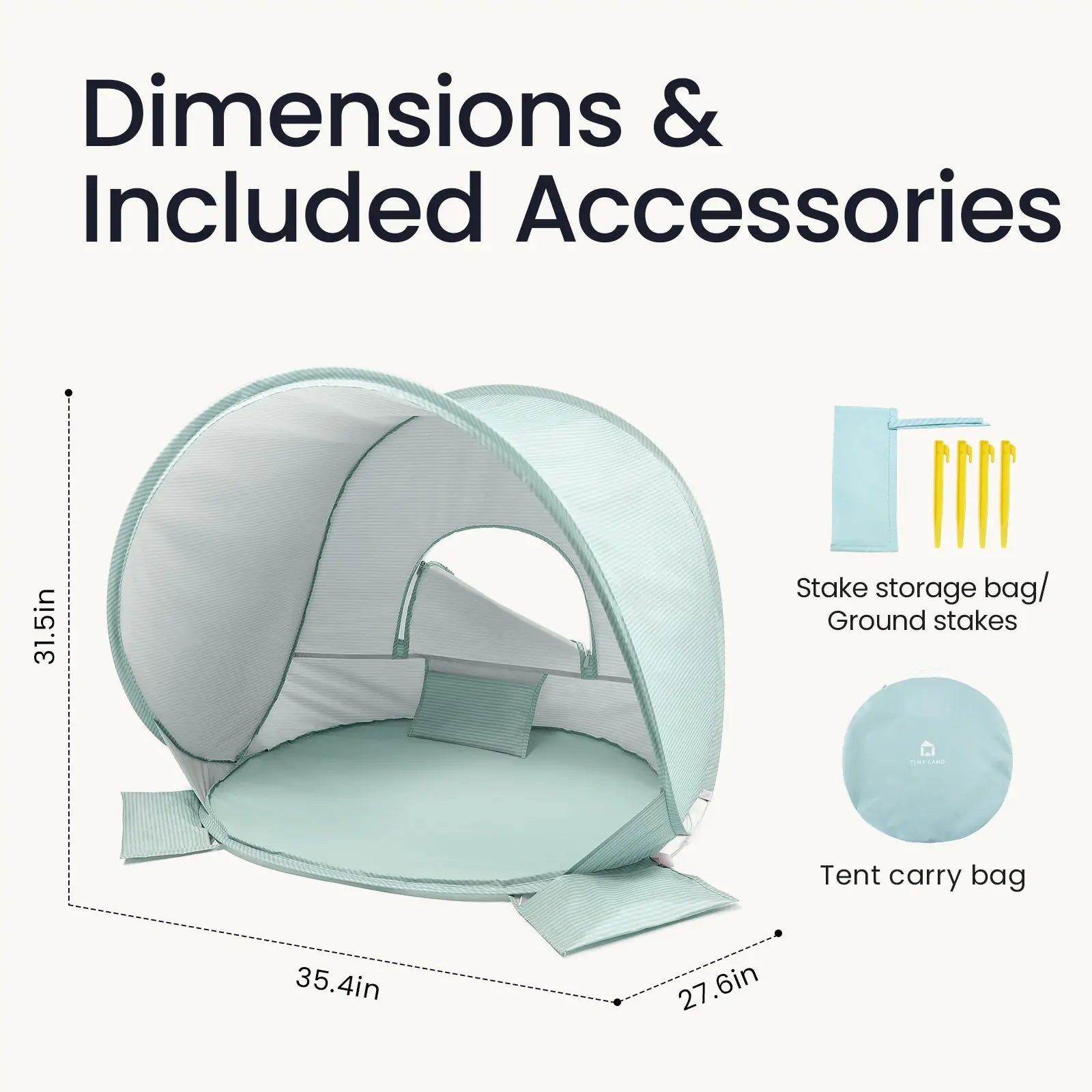 Tiny Land® Baby Beach Tent – Sea Blue by Tiny Land, features UV protection and measures 31.5" H x 35.4" W x 27.6" D; shown with pillow, stake storage bag, 4 yellow stakes, and round carry bag. Text reads: Dimensions & Included Accessories.|Sea Blue