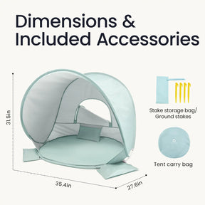 Tiny Land® Baby Beach Tent – Sea Blue by Tiny Land, features UV protection and measures 31.5" H x 35.4" W x 27.6" D; shown with pillow, stake storage bag, 4 yellow stakes, and round carry bag. Text reads: Dimensions & Included Accessories.|Sea Blue