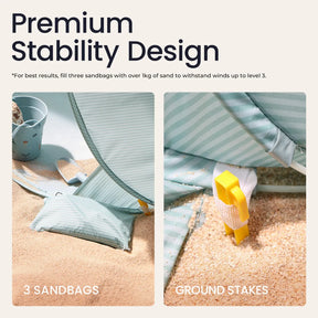 Two images of the Tiny Land® Baby Beach Tent – Sea Blue show three sandbags for stability (left) and a yellow ground stake securing the pop-up tent in sand (right). Text highlights UV protection and superior stability from Tiny Land.|Sea Blue
