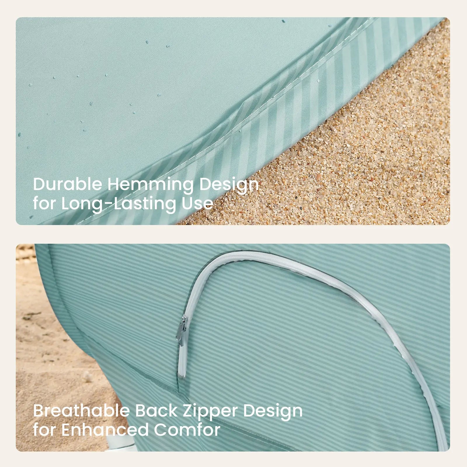 Close-up of the Tiny Land® Baby Beach Tent – Sea Blue from Tiny Land on sand, showing durable hemming (top) and a breathable back zipper (bottom), each highlighted with captions for this UV protection pop-up play tent.|Sea Blue