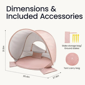 The Tiny Land® Baby Beach Tent in Blush Pink measures 31.5" tall, 35.4" wide, and 27.6" deep. It features a round opening, UV protection, ground stakes with storage bag, and comes with a round tent carry bag from the Tiny Land brand.|Blush Pink
