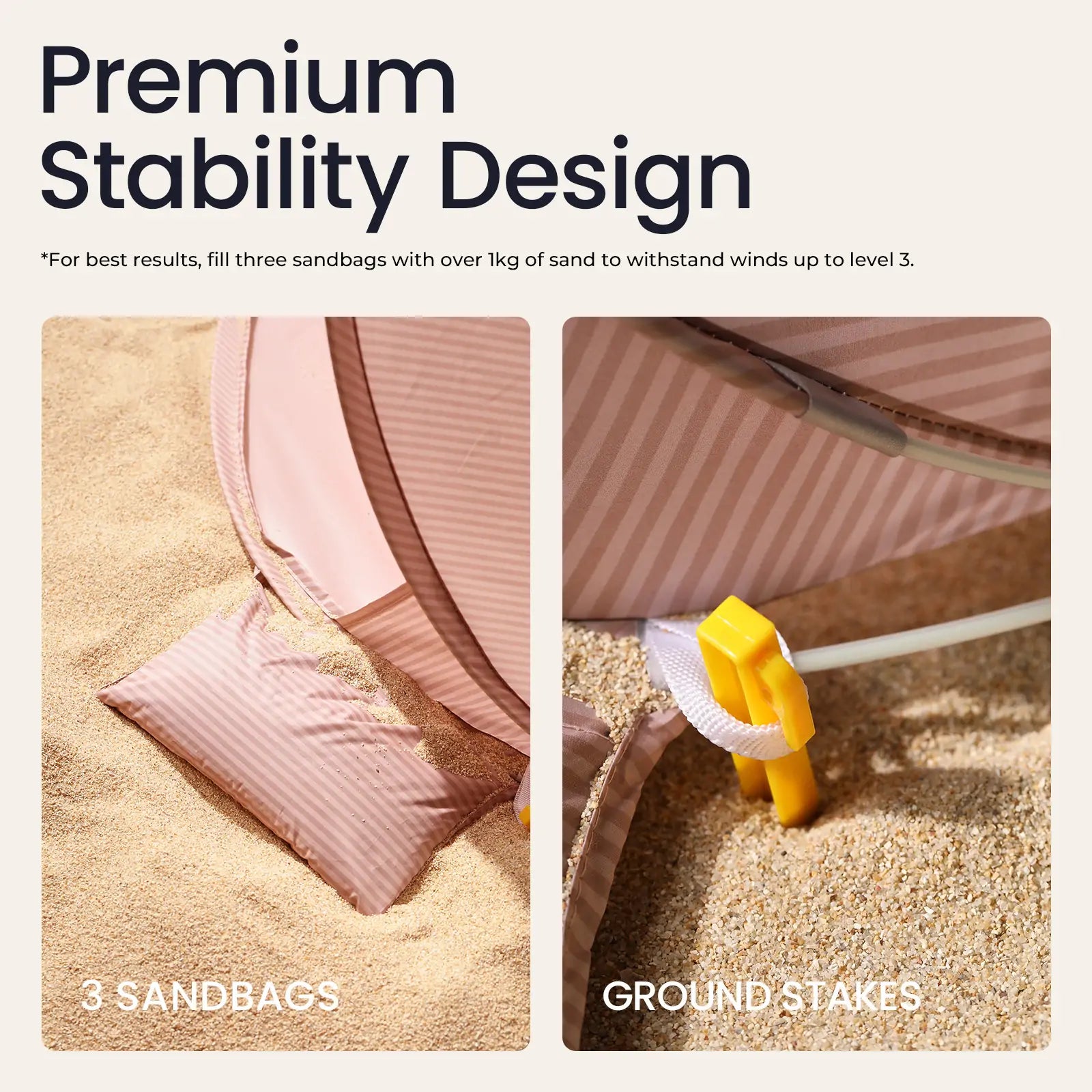 The Tiny Land® Baby Beach Tent in Blush Pink is shown secured on sand with a sandbag and yellow ground stake, highlighting its UV protection and Premium Stability Design for outdoor fun. Recommended by Tiny Land for safe, stable use.|Blush Pink