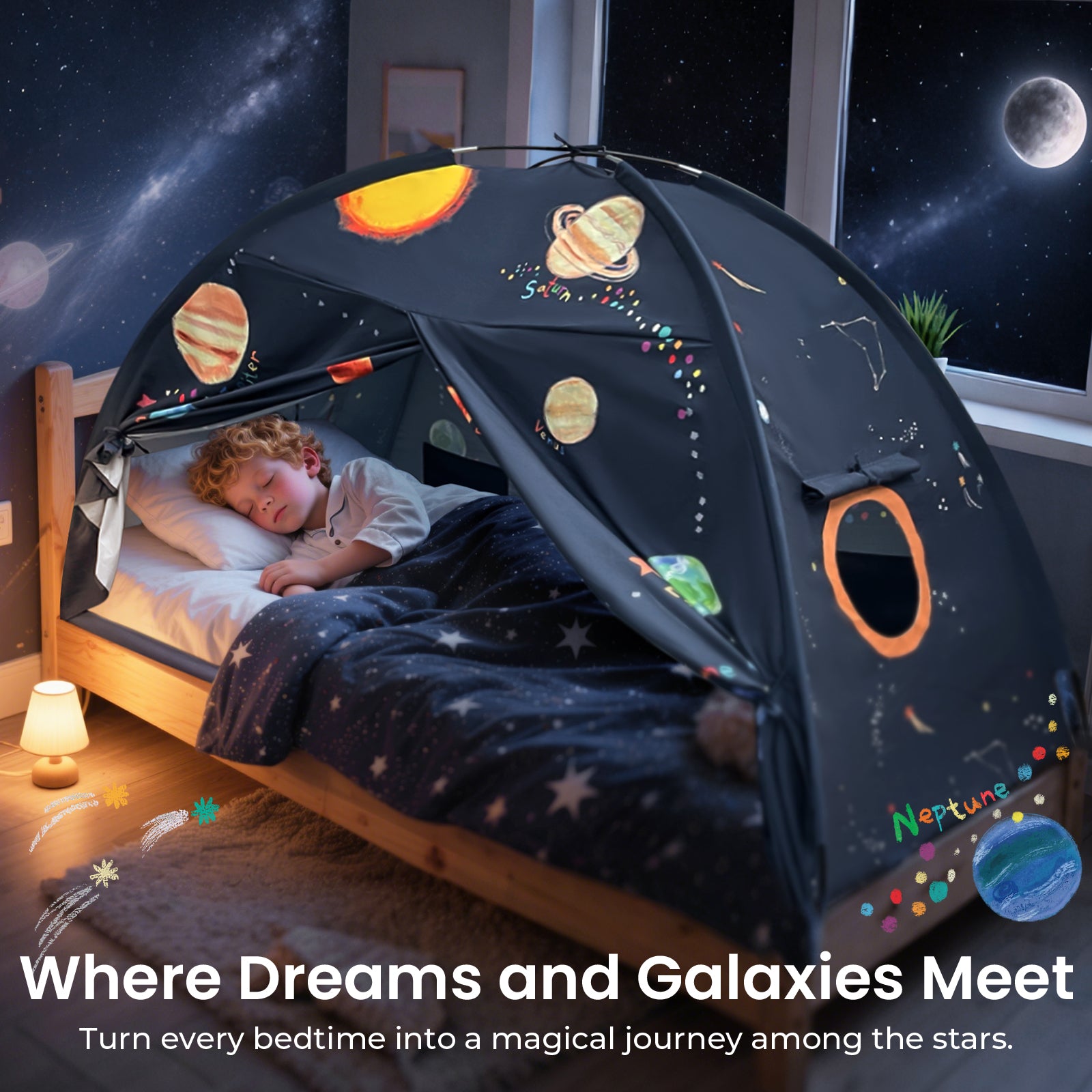 A young child sleeps under the Tiny Land® Kids Bed Tent by Tiny Land, designed with planets and stars to create an outer space feel. Soft lighting fills the room, while a starry sky glows outside. Text: Where Dreams and Galaxies Meet.|SPACENEST