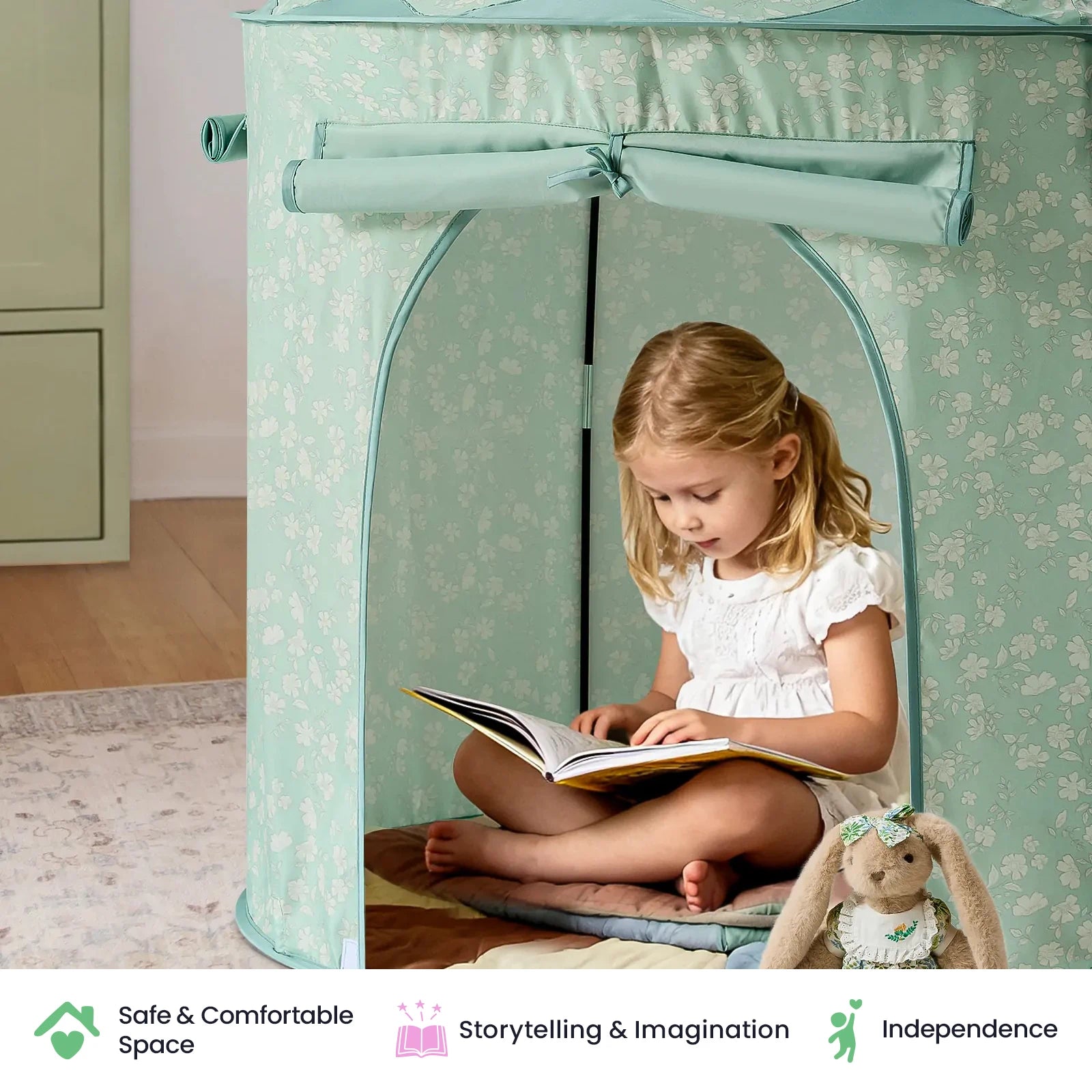 A young girl sits inside the Tiny Land® Kids Tent – Indoor Tent for Toddlers by Tiny Land, reading a book. Beside her is a plush rabbit toy dressed in a pretty outfit. Icons below emphasize safety, imagination, and independence.|Green