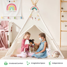 Two young girls sit in the Tiny Land® Teepee Tent for Kids with Mat by Tiny Land, one cradling a small dog. The room glows with rainbow decor and plush stuffed animals. Icons showcase emotional comfort, imaginative play, and independence—making this indoor play tent with floor mat the perfect cozy retreat to inspire creativity and joyful moments for children.