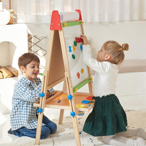 Two kids enjoy the Tiny Land Bright Play & Art Set—a colorful, height-adjustable easel paired with a cream playhouse with lights—arranging magnetic letters and numbers together in a cheerful room.|red