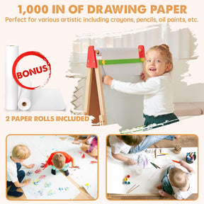 A young girl draws on the Tiny Land Bright Play & Art Set—Colorful Easel + Cream Playhouse with Lights. Text highlights 1,000 IN OF DRAWING PAPER and 2 PAPER ROLLS INCLUDED. Smaller images show kids drawing on large paper sheets on the floor|red