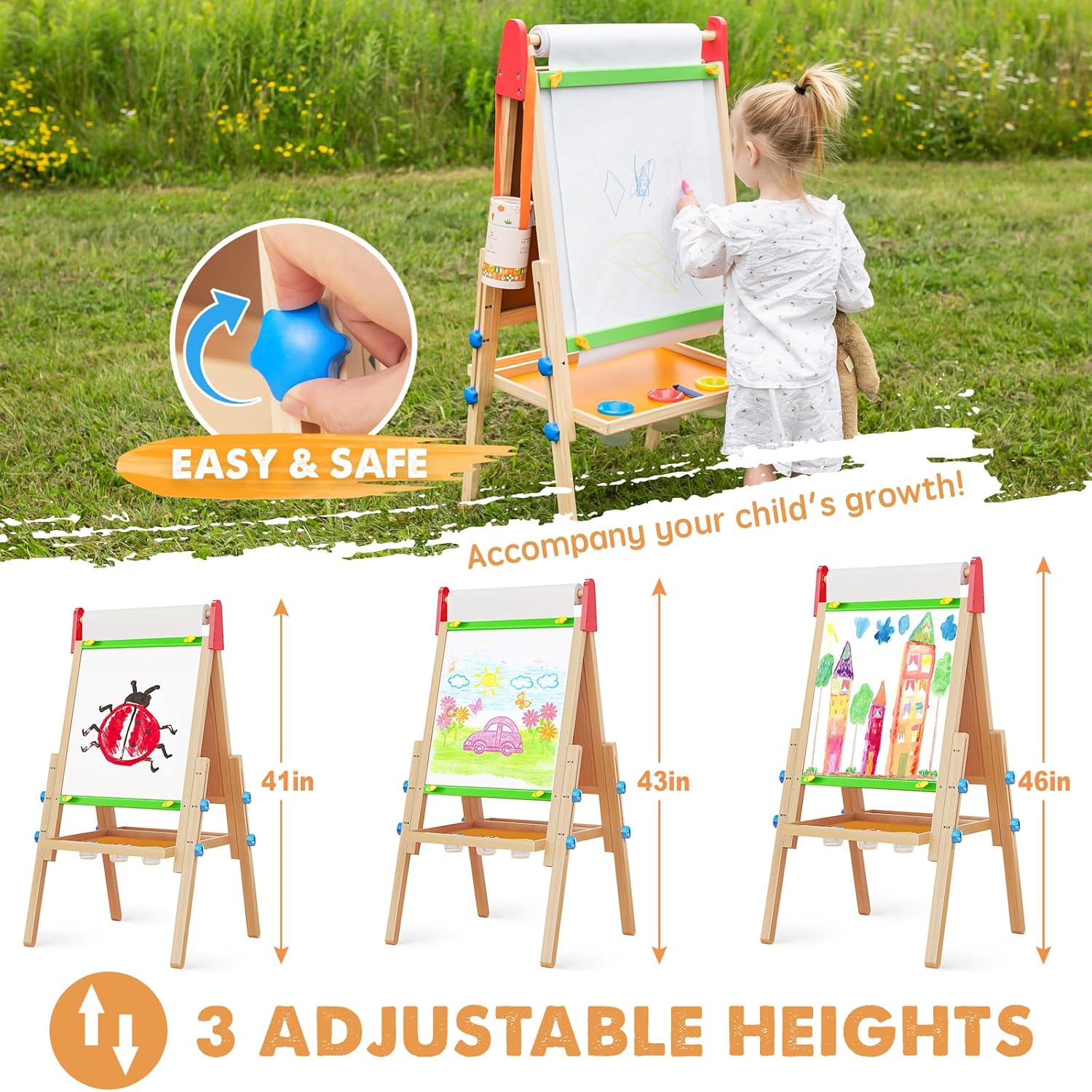 A child draws on the Tiny Land Bright Play & Art Set—Colorful Easel + Cream Playhouse with Lights. The easel offers easy, safe height adjustment (41", 43", 46"). Close-up shows the adjustable mechanism and 3 height options.|red