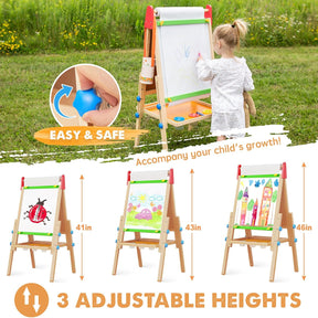 A child draws on the Tiny Land Bright Play & Art Set—Colorful Easel + Cream Playhouse with Lights. The easel offers easy, safe height adjustment (41", 43", 46"). Close-up shows the adjustable mechanism and 3 height options.|red
