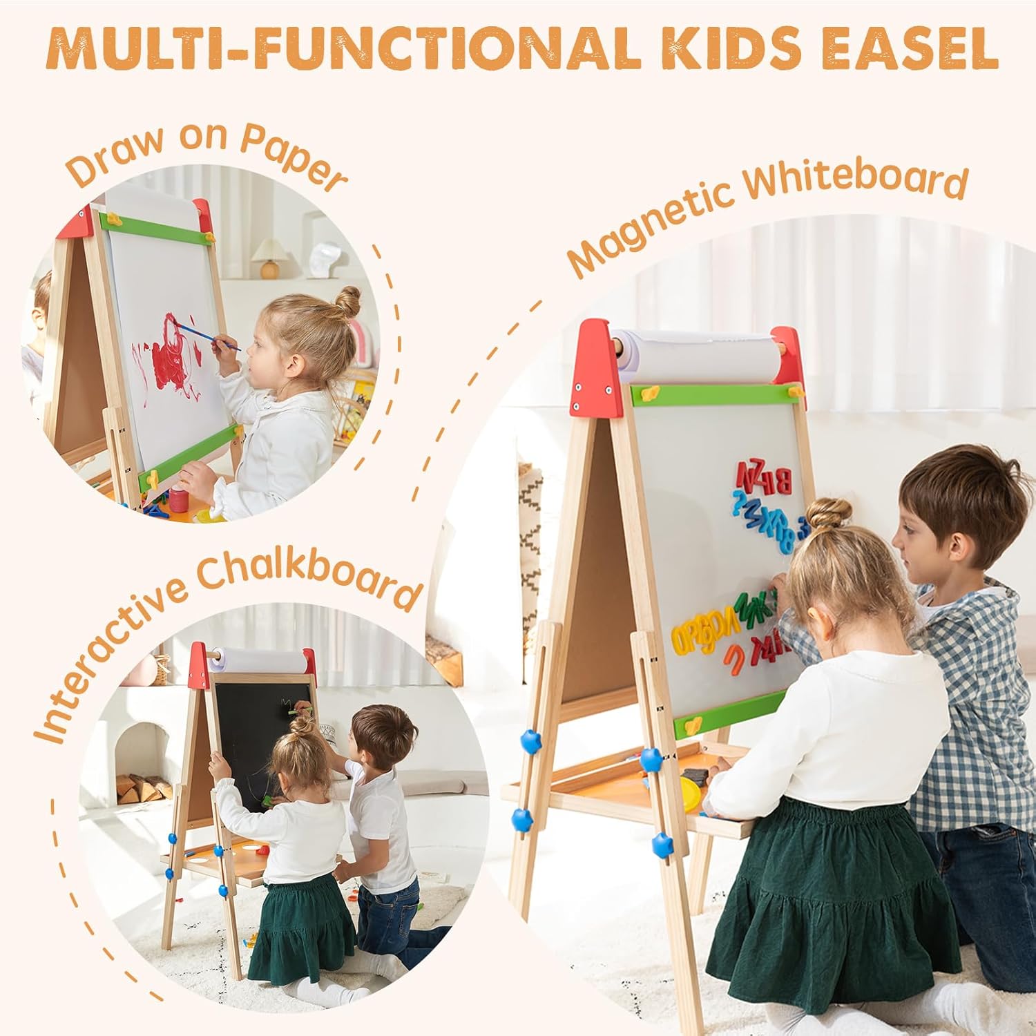 Two kids enjoy the Tiny Land® 3-in-1 Art Easel & Paper Roll Set, featuring a magnetic whiteboard with letters, a chalkboard, and a paper roll. Inset images show them using each creative Tiny Land feature in this fun art set.|red