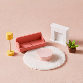 The Sweet Dreams Playset by Tiny Land features a miniature living room set with a pink sofa, round coffee table, white rug, fireplace, yellow lamp, and green potted plant—perfect dollhouse furniture for any girl’s Pink Dollhouse or Playhouse.|pink