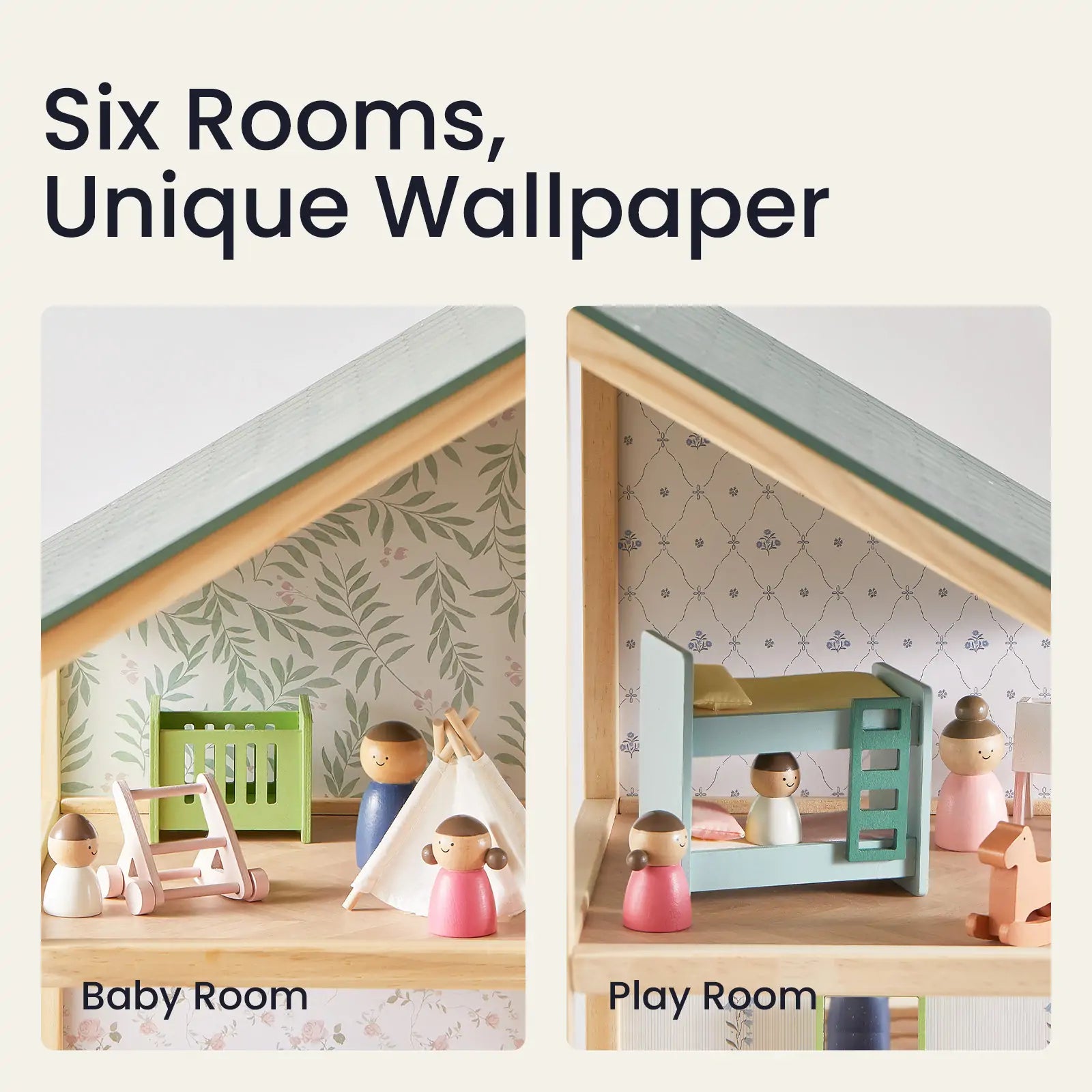The Tiny Land® Sweetwood Evergreen Dollhouse without Dolls by Tiny Land is shown furnished, featuring a Baby Room with a crib and toys on the left, and a Play Room with a bunk bed and additional toy figures on the right.|green
