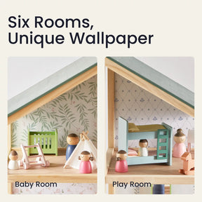 The Tiny Land® Sweetwood Evergreen Dollhouse without Dolls by Tiny Land is shown furnished, featuring a Baby Room with a crib and toys on the left, and a Play Room with a bunk bed and additional toy figures on the right.|green