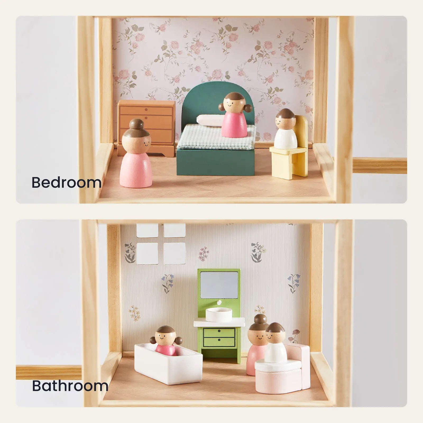 Two images of the Tiny Land® Sweetwood Evergreen Dollhouse (dolls not included): the top shows a bedroom with bed, dresser, floral wallpaper; the bottom shows a bathroom with bathtub, sink, toilet, and light-patterned wallpaper. Labels: Bedroom and Bathroom.|green