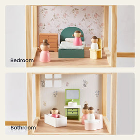 Two images of the Tiny Land® Sweetwood Evergreen Dollhouse (dolls not included): the top shows a bedroom with bed, dresser, floral wallpaper; the bottom shows a bathroom with bathtub, sink, toilet, and light-patterned wallpaper. Labels: Bedroom and Bathroom.|green