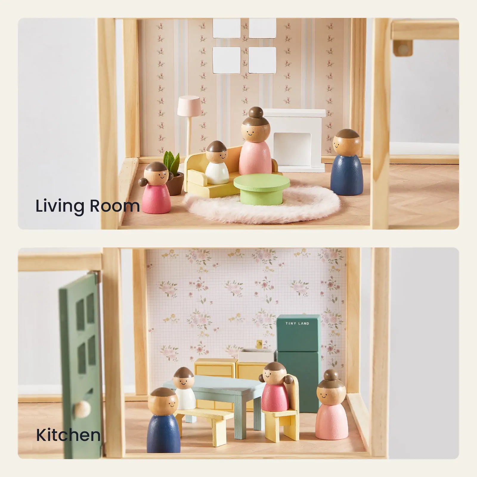 Two images of the Tiny Land® Sweetwood Evergreen Dollhouse: the top shows a living room with sofa, rug, and table; the bottom displays a kitchen with table, chairs, fridge, and floral wallpaper. Dolls not included.|green