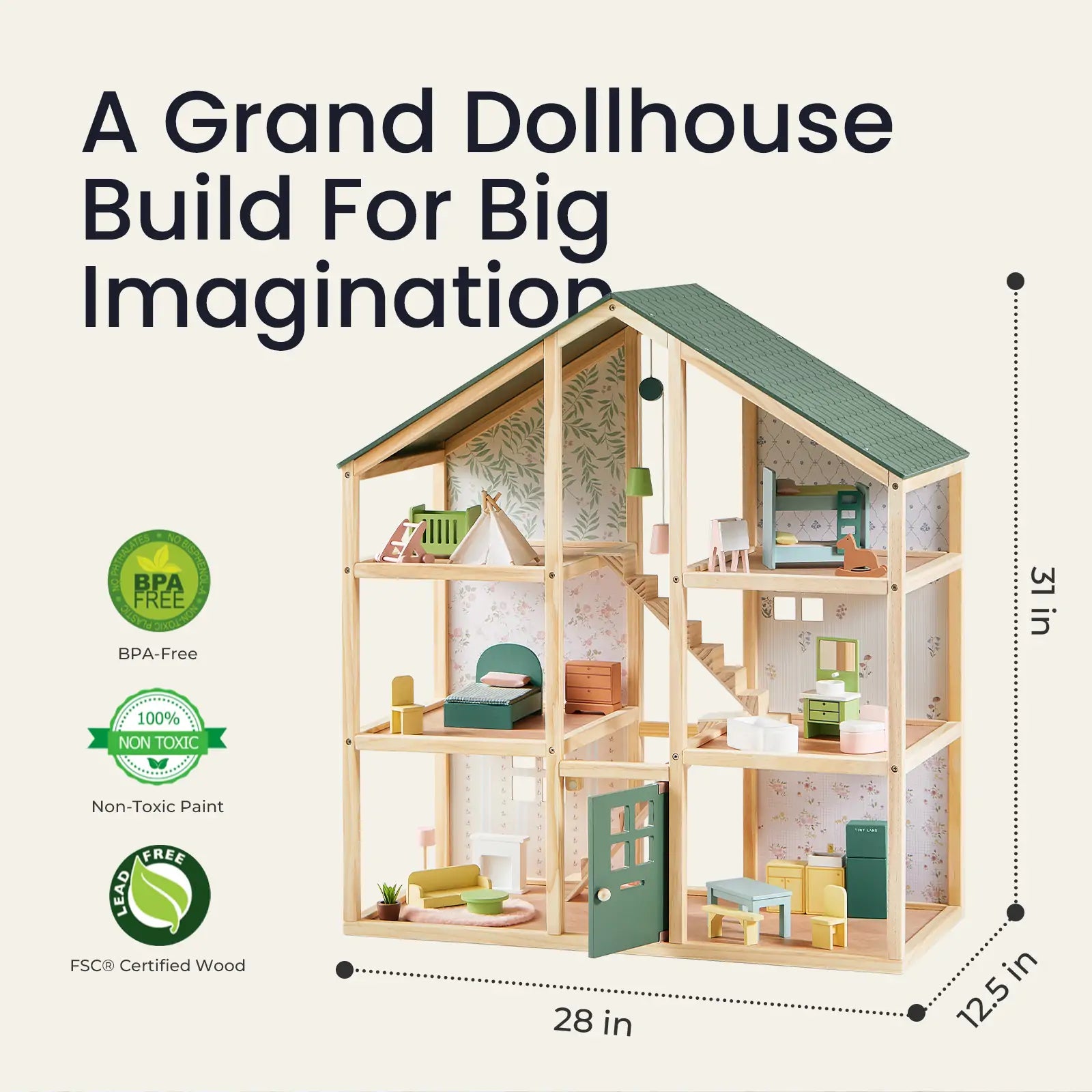 The Tiny Land® Sweetwood Evergreen Dollhouse without Dolls features a forest green finish, furnished interior, open front, and measures 31" tall by 28" wide. Made from eco-friendly, non-toxic FSC® certified wood for safe, sustainable play.|green