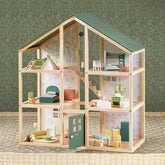 The Tiny Land® Sweetwood Evergreen Dollhouse by Tiny Land features six furnished rooms with an open front, miniature furniture and accessories, green patterned wallpaper, and a woven rug. Dolls are not included.|green