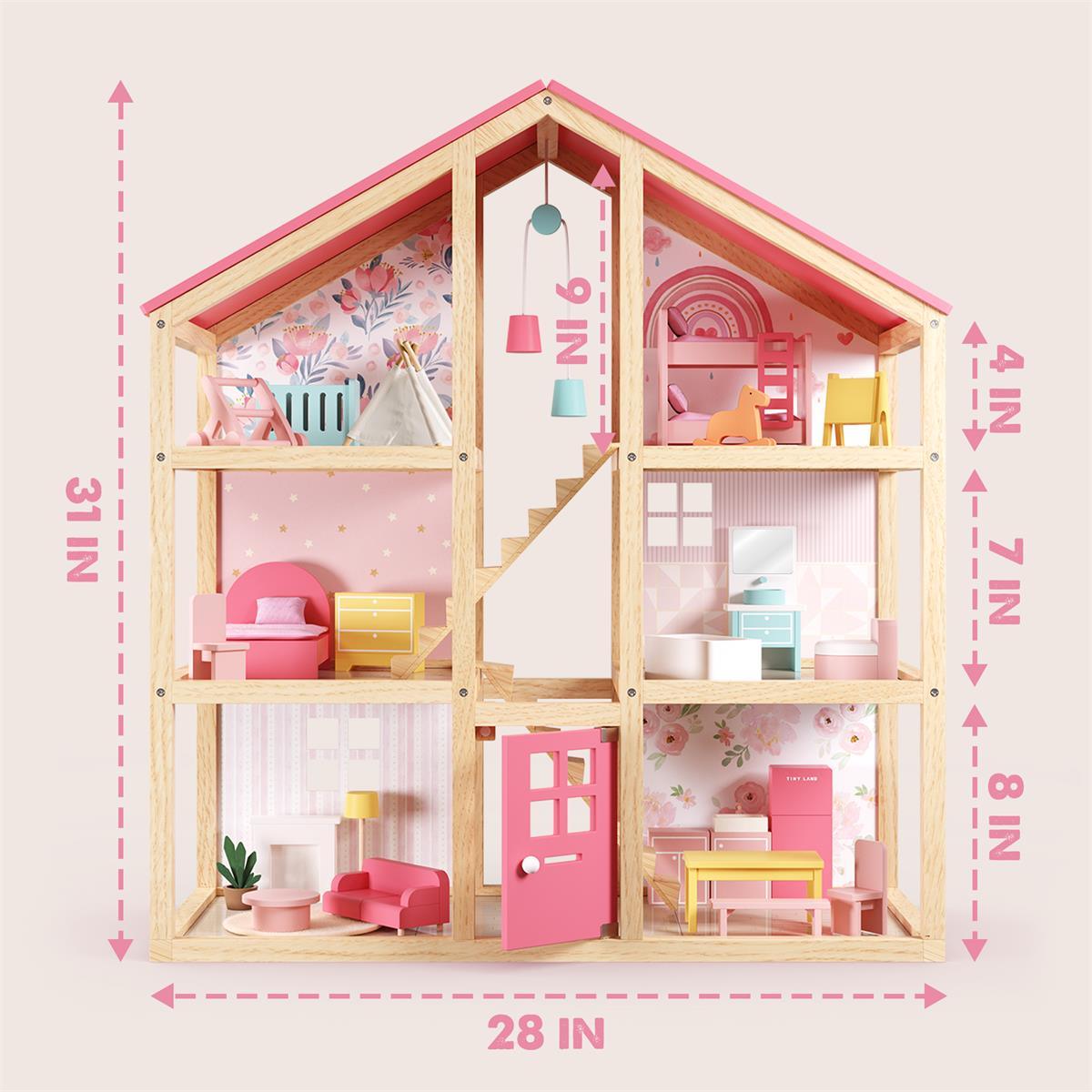 The Tiny Land Sweet Dreams Playset features a front-facing, pink-accented wooden dollhouse filled with miniature furniture. Dimensions: 31" tall, 28" wide; room heights are 4", 6", 7", and 8". Includes Pink Dollhouse & Pink-White Playhouse.|pink