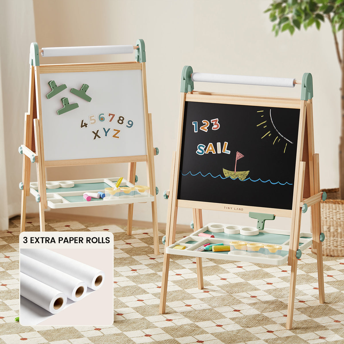 The Tiny Land® Green Magnitales Easel & Paper Roll Set by Tiny Land features a double-sided wooden easel with magnetic whiteboard, chalkboard with “SAIL” drawing, trays, and three extra paper rolls—perfect for kids’ indoor creativity.|Green