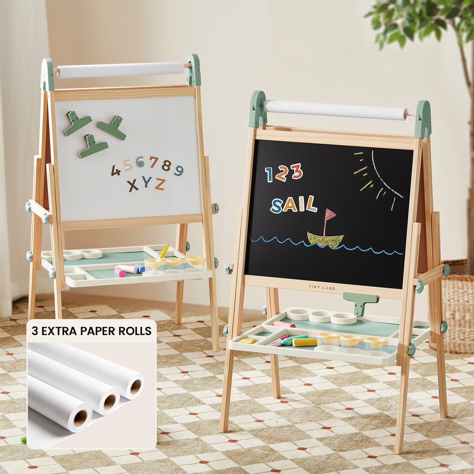 The Tiny Land® Green Magnitales Easel & Paper Roll Set by Tiny Land features a double-sided wooden easel with magnetic whiteboard, chalkboard with “SAIL” drawing, trays, and three extra paper rolls—perfect for kids’ indoor creativity.|Green