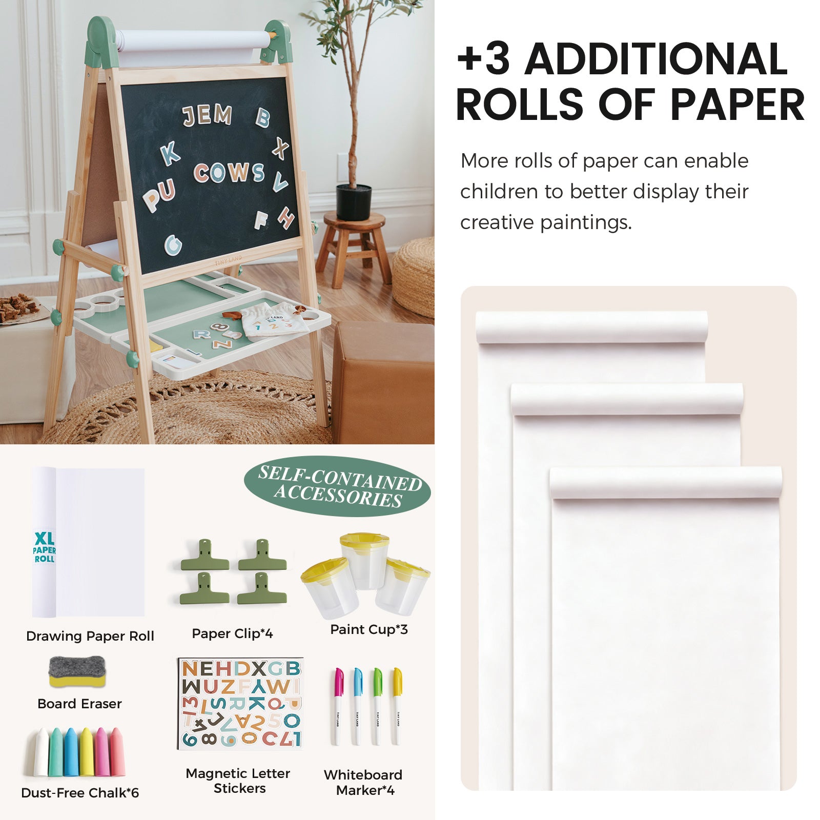 The Tiny Land® Green Magnitales Easel & Paper Roll Set features double-sided blackboard and whiteboard surfaces, alphabet magnets, paint cups, three extra paper rolls, eraser, letter stickers, clips, dust-free chalk—an ideal art easel for kids!.|Green