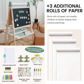 The Tiny Land® Green Magnitales Easel & Paper Roll Set features double-sided blackboard and whiteboard surfaces, alphabet magnets, paint cups, three extra paper rolls, eraser, letter stickers, clips, dust-free chalk—an ideal art easel for kids!.|Green