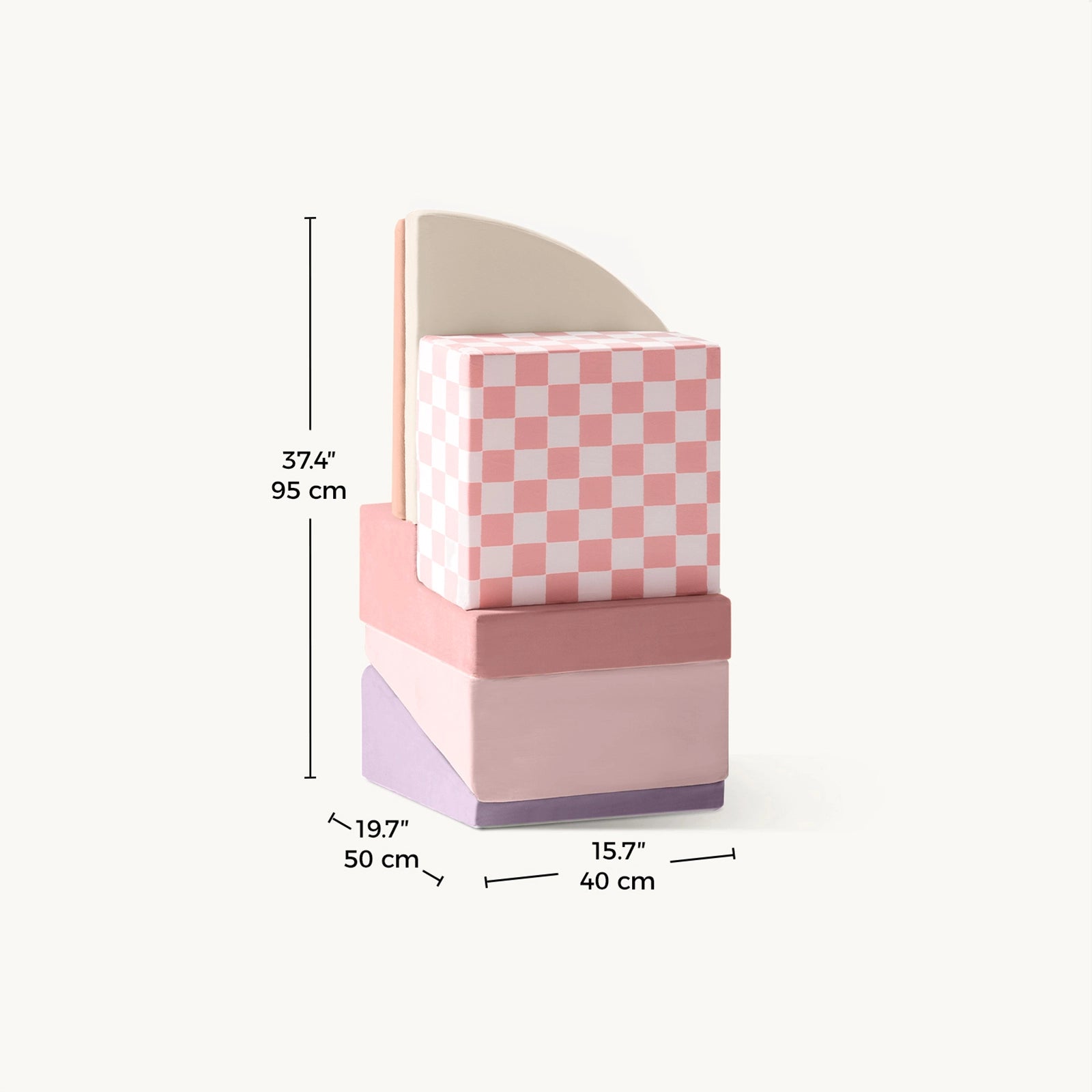 The Tiny Land® PlayNest Climbing Blocks by Tiny Land include four colorful foam pieces—pink, purple, cream, and checkered—that stack into a chair shape. Sized 37.4” tall, 19.7” deep, and 15.7” wide—perfect for toddlers to climb and play.