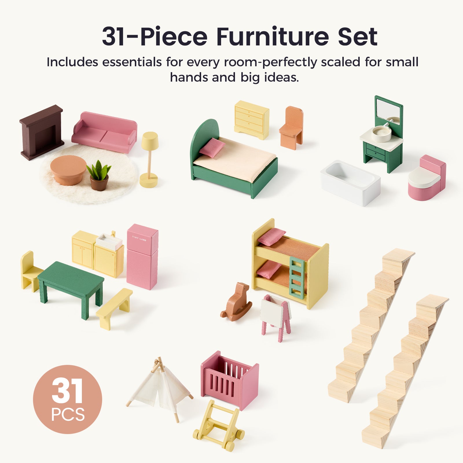 The Tiny Land® Sweetwood Dollhouse without Dolls includes 31 pastel furniture pieces—beds, chairs, tables, stairs, a fridge, and crib—neatly displayed on a white background. Perfect for inspiring imaginative play in girls.|Pegasus