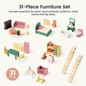 The Tiny Land® Sweetwood Dollhouse without Dolls includes 31 pastel furniture pieces—beds, chairs, tables, stairs, a fridge, and crib—neatly displayed on a white background. Perfect for inspiring imaginative play in girls.|Pegasus