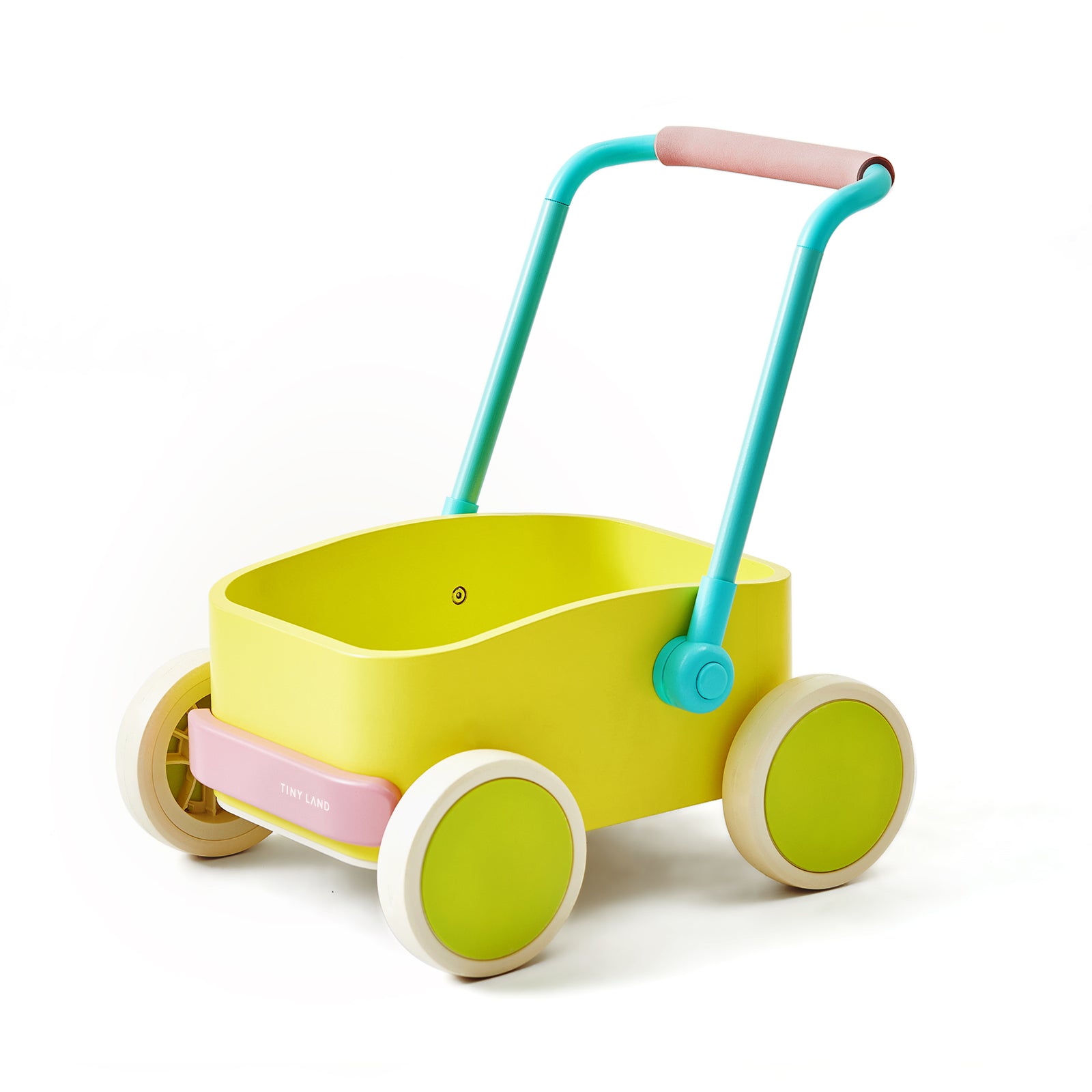 The Tiny Land® 3-in-1 Wooden Baby Walker Wagon - Spring Color is a colorful pushcart for young children, featuring a yellow body, green wheels, blue and pink handlebar, and adjustable speed control. Brand: Tiny Land. Set against a white background.