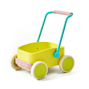 The Tiny Land® 3-in-1 Wooden Baby Walker Wagon - Spring Color is a colorful pushcart for young children, featuring a yellow body, green wheels, blue and pink handlebar, and adjustable speed control. Brand: Tiny Land. Set against a white background.