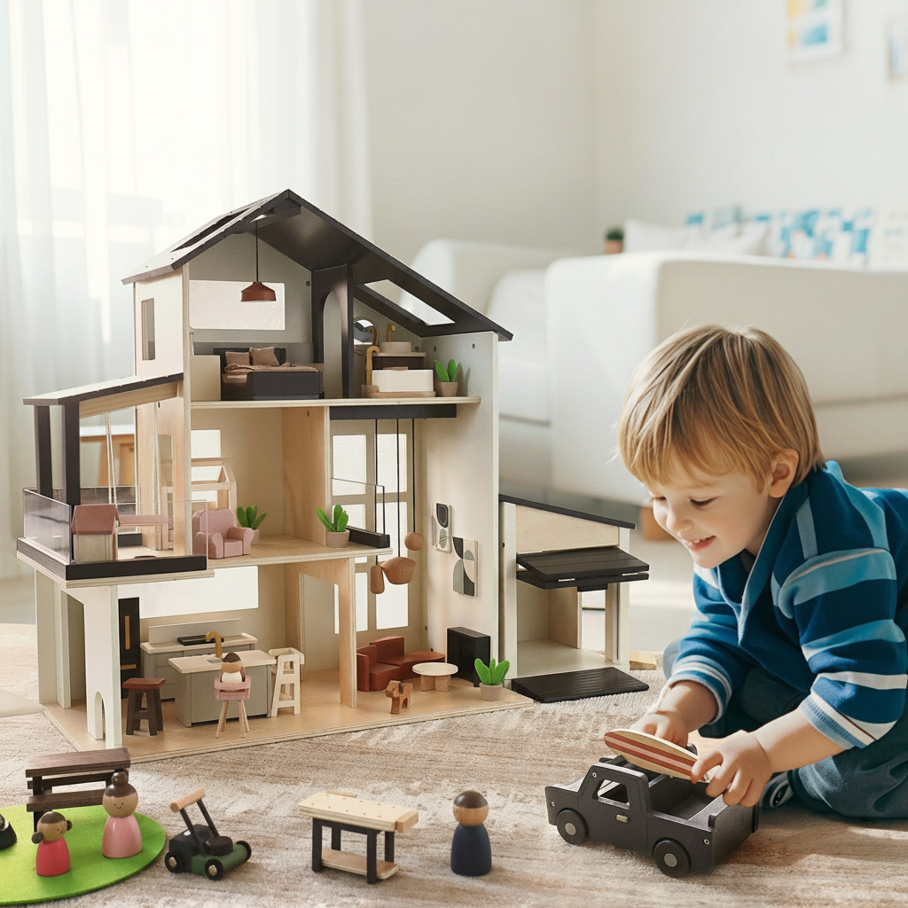 A young boy in blue pajamas plays with a toy truck next to the Tiny Land® Wooden Dollhouse - Garage, filled with miniature furniture and Tiny Land figures, in a bright, modern living room.
