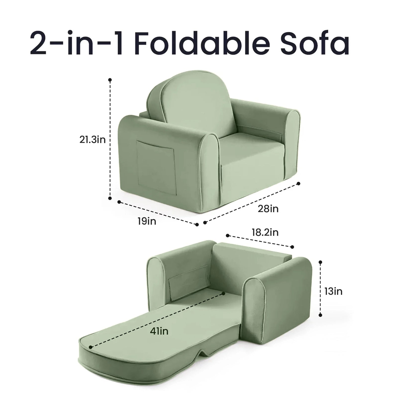 The Tiny Land® GentleSnug Kids Sofa Chair by Tiny Land is shown in light green as an upright chair (21.3" H x 28" W x 19" D) and unfolded lounger (13" H x 41" L x 18.2" W), with clear, labeled dimensions for little ones.