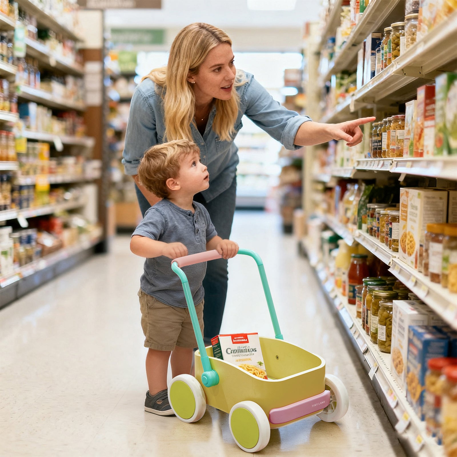 A woman shops in an aisle, pointing at items while a young boy pushes the Tiny Land® 3-in-1 Wooden Baby Walker Wagon - Spring Color, carrying a pasta box.