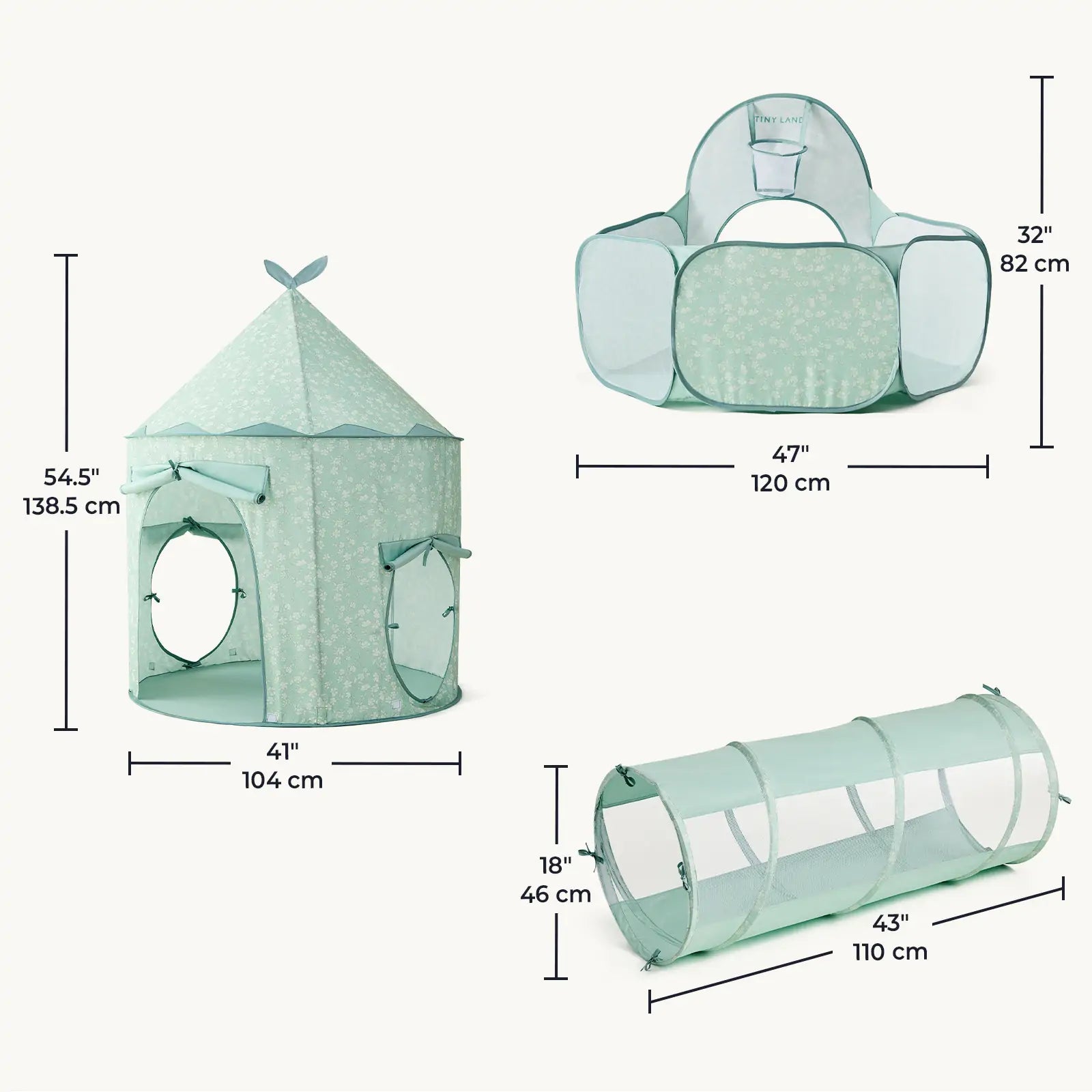 The Tiny Land® Compact Adventure 3-in-1 Play Tunnel Set in green includes a 54.5" tall castle tent, tunnel, and cube with tunnels—all with mesh windows, open doors, floral patterns—connectable to a ball pit. Dimensions in inches/cm.|green