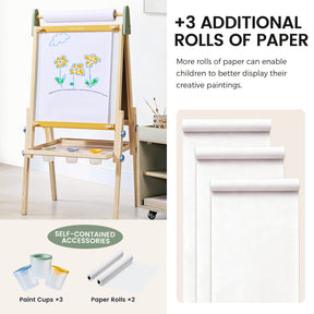 The Tiny Land® 3-in-1 Art Easel for Kids & Paper Roll Set by Tiny Land features a sturdy wooden easel adorned with a flower drawing, storage bins, three paint cups, and three extra paper rolls. This versatile kids’ art station comes complete with handy accessories and additional paper rolls to inspire creativity.
