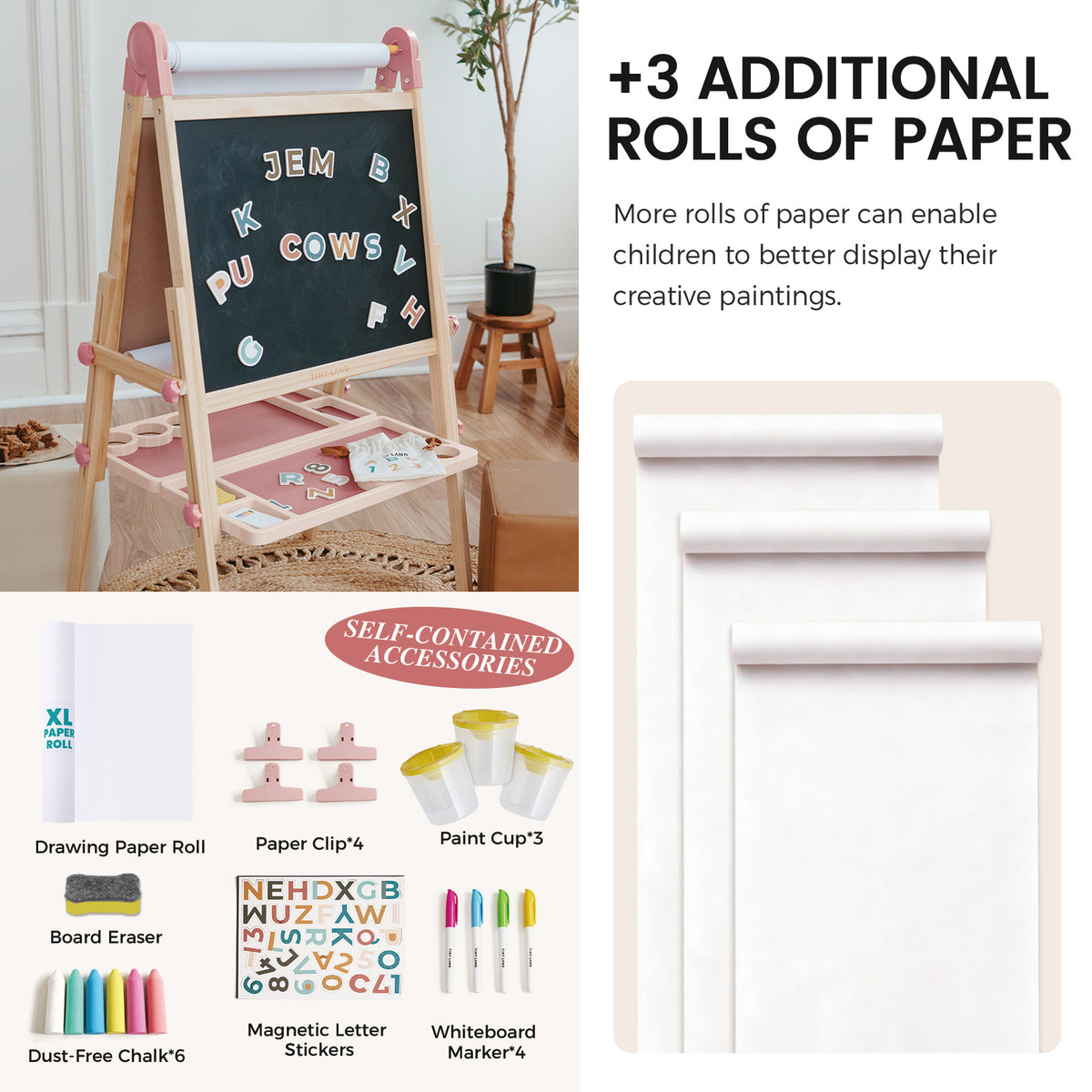 The Tiny Land® Pink Magnitales Easel & Paper Roll Set by Tiny Land features a double-sided art easel with a chalkboard, magnetic letters, painting supplies, three extra paper rolls, chalk, eraser, clips, and cups—ideal for creative play.|Pink