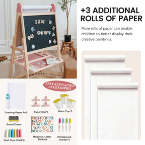 The Tiny Land® Pink Magnitales Easel & Paper Roll Set by Tiny Land features a double-sided art easel with a chalkboard, magnetic letters, painting supplies, three extra paper rolls, chalk, eraser, clips, and cups—ideal for creative play.|Pink